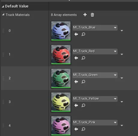 Add the new material to the Truck Materials variable inside the BP_Truck blueprint.